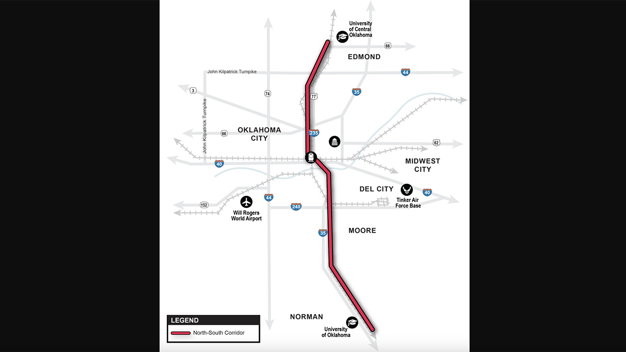 RTA of Central Oklahoma landed a $400,000 to evaluate 52 at-grade crossings along a proposed commuter rail corridor from Edmund to Norman. (Map Courtesy of RTA of Central Oklahoma)