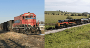 Railway Age in 2025 recognized Rochester & Erie Railway LLC (left) as Short Line of the Year; and Iowa Interstate Railroad LLC (right) as Regional of the Year. (Photographs by Eric Thurlow, left, and Robert Thompson, courtesy of the respective railroads)