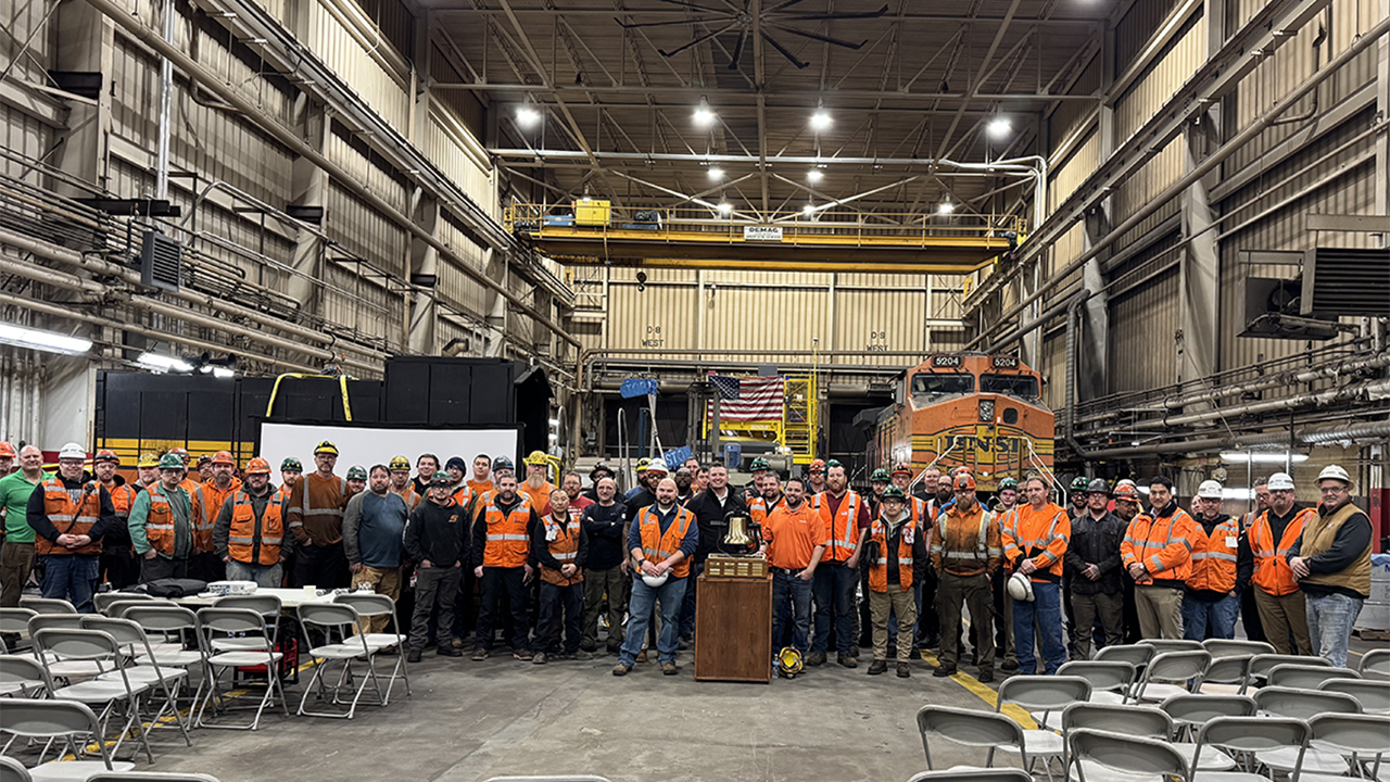 Members at BNSF’s Minneapolis Northtown shop celebrate their Safety Bell achievement. (Caption and Photograph Courtesy of BNSF)
