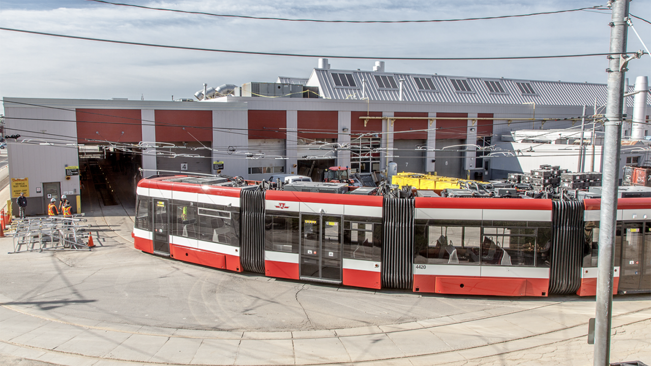 Pictured: TTC’s Harvey Shop Building, part of the Hillcrest Complex in Toronto. The complex will be expanded to house about 25 more Alstom LRVs, part of a new 60-car order. (TTC Photograph)