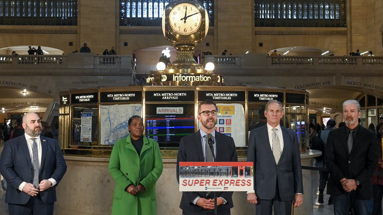 MTA Chair and CEO Janno Lieber (second from right) and Metro-North Railroad President Justin Vonashek (center) were joined by CTDOT Commissioner Garrett Eucalitto (far left) at Grand Central Terminal to announce new schedules due to signal and infrastructure improvements on the New Haven Branch. (Marc A. Hermann / MTA)