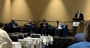 RSI President Jim Riley (far right) moderated a fireside-chat style session with (left to right) Benji Schwartz, Director of Government Affairs and Advocacy, APTA; Greg Regan, President, Transportation Trades Department, AFL-CIO; Robert Pearsall, Partnerships Director, USHSR; and Husein Cumber, Senior Advisor, Brightline Holdings. (Marybeth Luczak Photograph)