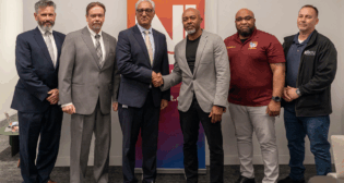 “NJ TRANSIT President & CEO Kris Kolluri, ATU International Vice President Ray Greaves, ATU Chair, New Jersey State Council Orlando Riley and Senior Vice President of Surface Transit Mike Kilcoyne are pleased to announce a fair and fiscally responsible tentative agreement,” New Jersey Transit reported via LinkedIn on May 7. (NJ Transit Photograph)