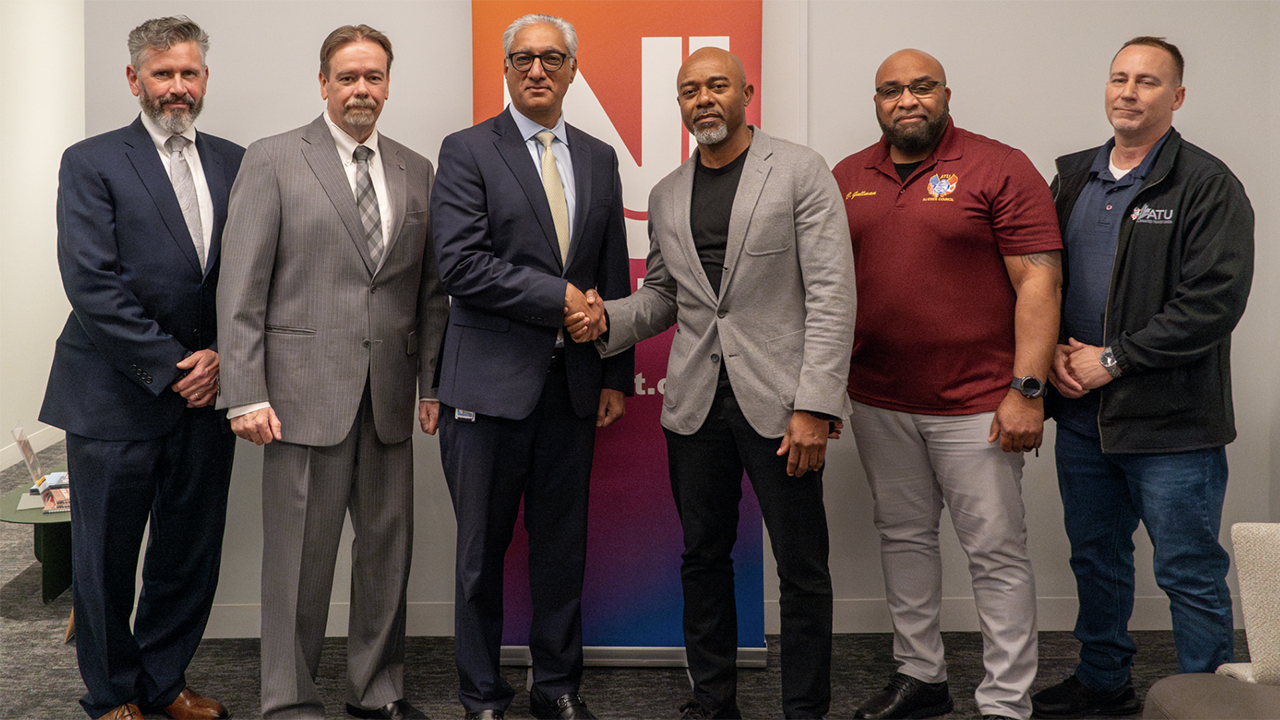 “NJ TRANSIT President & CEO Kris Kolluri, ATU International Vice President Ray Greaves, ATU Chair, New Jersey State Council Orlando Riley and Senior Vice President of Surface Transit Mike Kilcoyne are pleased to announce a fair and fiscally responsible tentative agreement,” New Jersey Transit reported via LinkedIn on May 7. (NJ Transit Photograph)