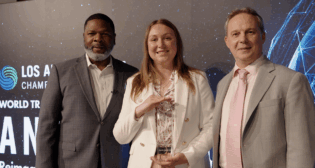 Pacific Harbor Line team at Bob Kleist Leadership Award ceremony (left to right): Otis L. Cliatt II, President; Diana Turubanova, Director of Customer Service; and Stephane Perri, Vice President. (PHL Photograph)