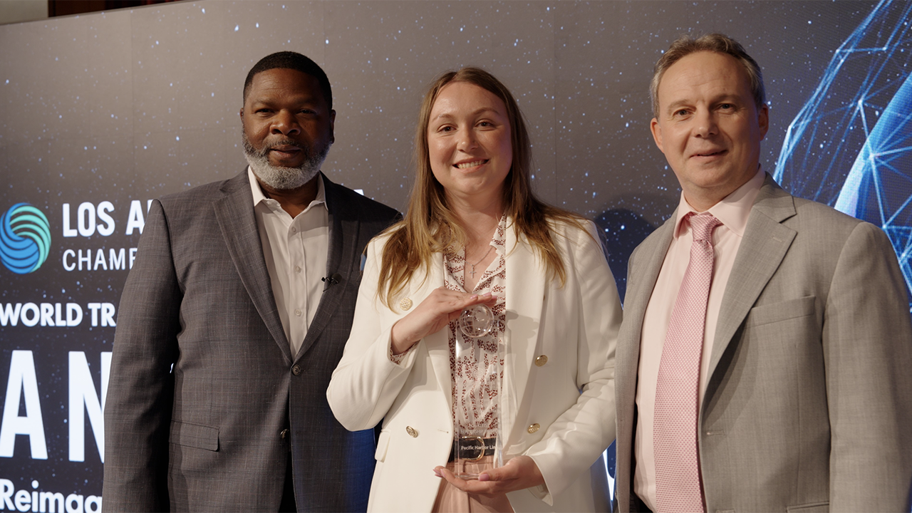 Pacific Harbor Line team at Bob Kleist Leadership Award ceremony (left to right): Otis L. Cliatt II, President; Diana Turubanova, Director of Customer Service; and Stephane Perri, Vice President. (PHL Photograph)