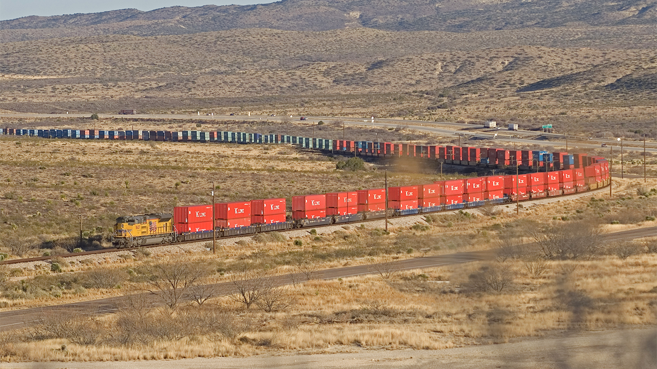 UP 8627 hauls freight through the desert near El Paso, Tex. (Union Pacific Photograph)