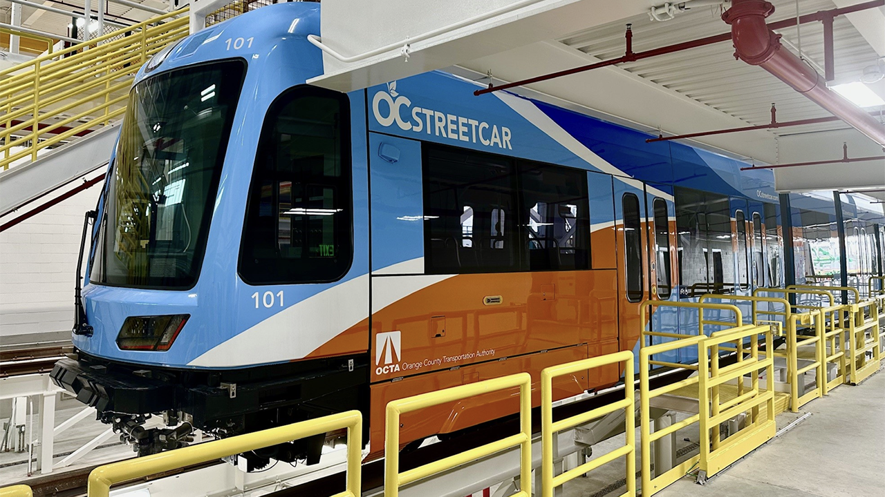 The OCTA Board on June 9 approved a balanced budget of $1.74 billion for the upcoming fiscal year. Last month, it unveiled the first Siemens Mobility S700 (pictured) for the 4.15-mile OC Streetcar system, which is slated to launch next spring. (OCTA Photograph)