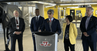 Former New York MTA Executive Vice President and Chief Operating Officer for subways Mandeep Lali (center) at a June 5 news conference on his appointment as TTC CEO. (Photograph courtesy of Toronto Mayor Olivia Chow, via social media)