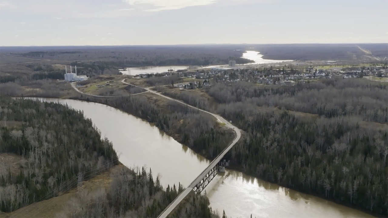 Abitibi Trestle Bridge in the foreground of Abitibi Connex in Iroquois Falls, Ontario, Canada (formerly Abitibi Paper Mill). (CNW Group/BMI Group)