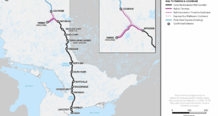 A map of the proposed route for Northlander passenger rail service showing stops at Union Station (Toronto), Langstaff, Gormley, Washago, Gravenhurst, Bracebridge, Huntsville, South River, North Bay, Temagami, Timiskaming Shores, Englehart, Kirkland Lake, Matheson, and Timmins (South Porcupine), with a rail connection to Cochrane. (Courtesy of Ontario Government)