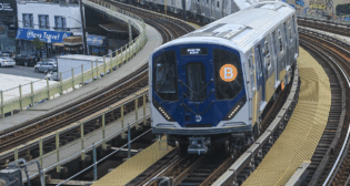 Now in service on NYCT’s B Line: an RS11A/S trainset from Kawasaki Rail Car Inc. (Photograph at the Brighton Beach station; Marc A. Hermann / MTA)