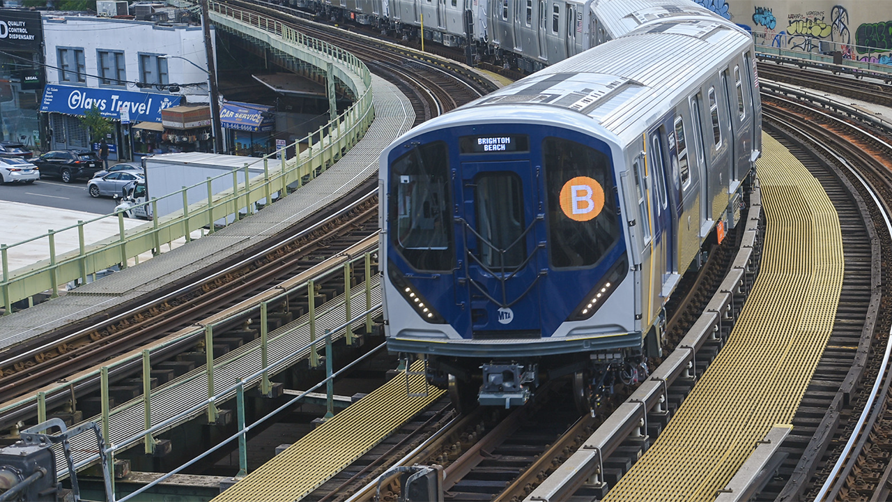 Now in service on NYCT’s B Line: an RS11A/S trainset from Kawasaki Rail Car Inc. (Photograph at the Brighton Beach station; Marc A. Hermann / MTA)