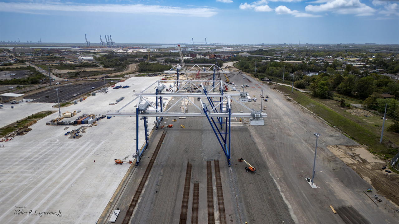 SC Ports’ Leatherman Rail Yard (above) will open in 2026. Located on a 118-acre site on the former Navy Base in North Charleston, it is slated to have a 1 million rail lift capacity. (Courtesy of SC Ports)