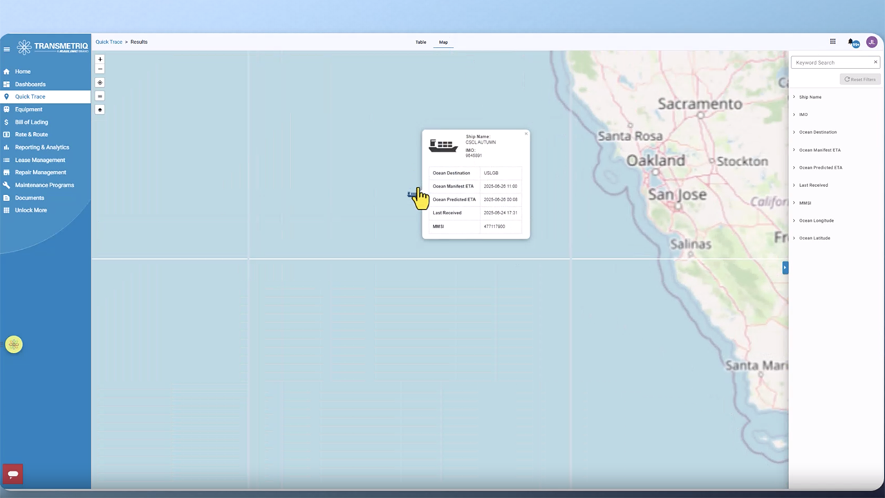 “Shippers are tired of chasing data across systems, comparing inconsistent statuses, and relying on outdated estimates,” TransmetriQ Senior Product Manager Danny Dever said July 22. “With our seamless ocean and rail visibility solution you can track by vessel or container, spot delays in real time, and trust your ETA—with accuracy improvements of up to 75% compared to typical industry estimates.” (Image Courtesy of TransmetriQ)