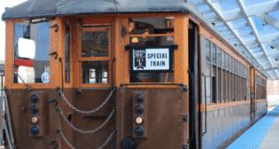 CTA’s two 4000-series Heritage cars ran on Oct. 1 in celebration of its anniversary. Built by the Cincinnati Car Company in 1923, they feature the orange-and-brown paint scheme they wore in the 1940s and are adorned with reproduction advertisements from the era. The cars were in operation until 1973. (CTA Photograph)