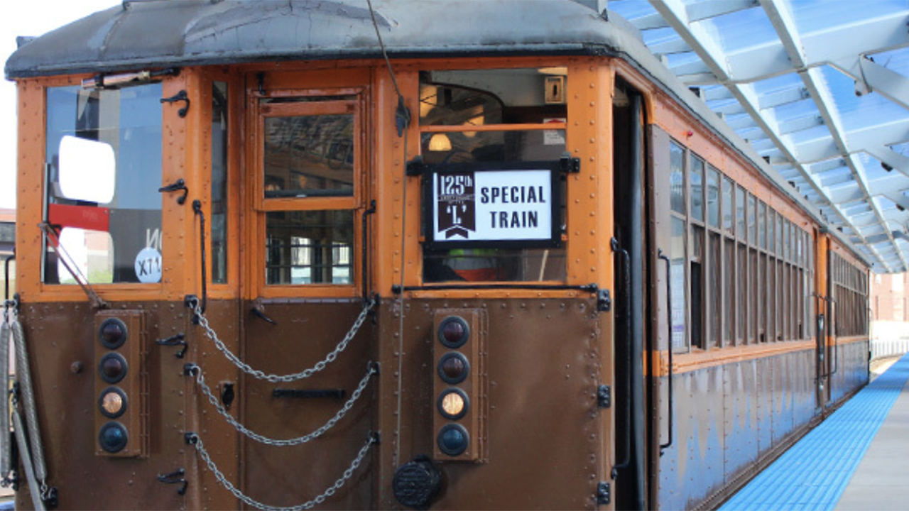 CTA’s two 4000-series Heritage cars ran on Oct. 1 in celebration of its anniversary. Built by the Cincinnati Car Company in 1923, they feature the orange-and-brown paint scheme they wore in the 1940s and are adorned with reproduction advertisements from the era. The cars were in operation until 1973. (CTA Photograph)