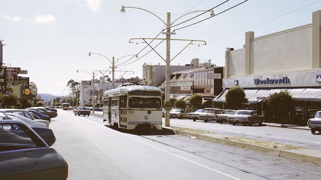 An M Line streetcar heads down West Portal Avenue in this September, 1972 photo. (Courtesy of SFMTA)
