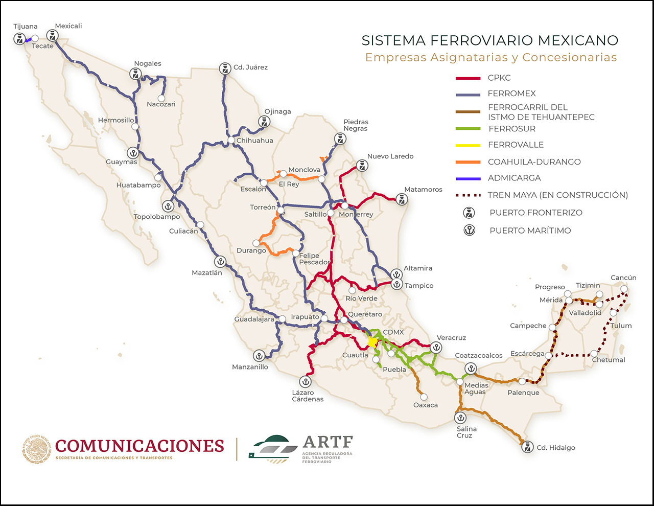 2020 Regulatory Agency for Railway Transport (ARTF to be renamed ATTRAPI, Integrated Trains and Public Transport Agency) map. (KCSM changed to CPKC). Tren Maya is now complete and operational.