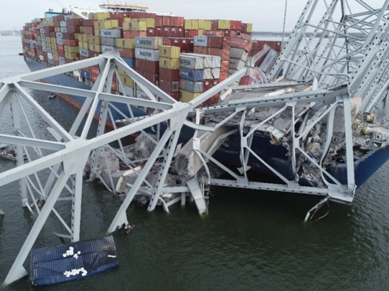 The containership Dali with portions of the collapsed Francis Scott Key Bridge across its forward deck on March 28, 2024. (Courtesy of NTSB)