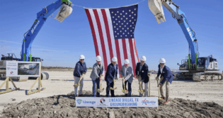 At Lineage’s Prime Pointe groundbreaking, from left, Guy Brown, Economic Development Director, City of Hutchins, Texas; R.J. Burton, Vice President, Victory Unlimited Construction; Hutchins Mayor Mario Vasquez; Chris Britton, Vice President, Regional Sales, Lineage; Steve Chiambretti, Senior Project Manager, Ops. Strategy, Lineage; and Trent Vencil, Union Pacific Manager-Sales. (Courtesy of UP)