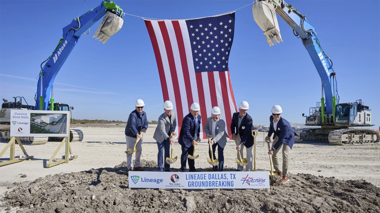 At Lineage’s Prime Pointe groundbreaking, from left, Guy Brown, Economic Development Director, City of Hutchins, Texas; R.J. Burton, Vice President, Victory Unlimited Construction; Hutchins Mayor Mario Vasquez; Chris Britton, Vice President, Regional Sales, Lineage; Steve Chiambretti, Senior Project Manager, Ops. Strategy, Lineage; and Trent Vencil, Union Pacific Manager-Sales. (Courtesy of UP)