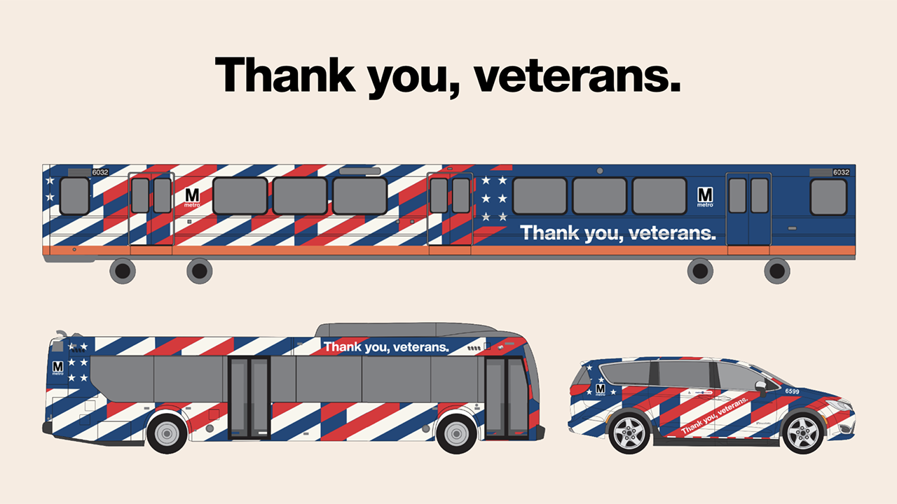 WMATA is honoring veterans with patriotic wraps for trains and buses, plus MetroAccess vans. (Rendering Courtesy of WMATA)