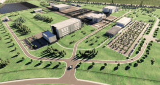 Artist rendering of Eli Lilly’s synthetic medicine active pharmaceutical ingredient facility, to be built on a NS-served site in Alabama. (Courtesy of NS)