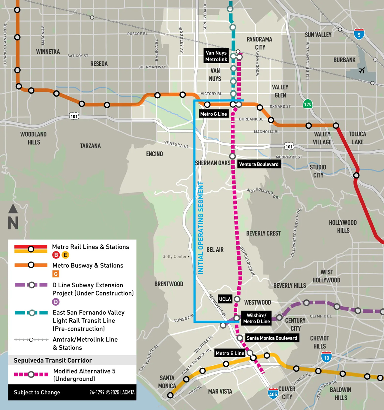 Los Angeles is one step closer to a direct rail connection that is slated to make travel faster and easier through the Sepulveda Pass. The LACMTA Board has selected “an underground heavy rail option” (Modified Alternative 5) for the Sepulveda Transit Corridor Project, which will link the Van Nuys Metrolink Station to the Metro E Line. (Map Courtesy of LACMTA)