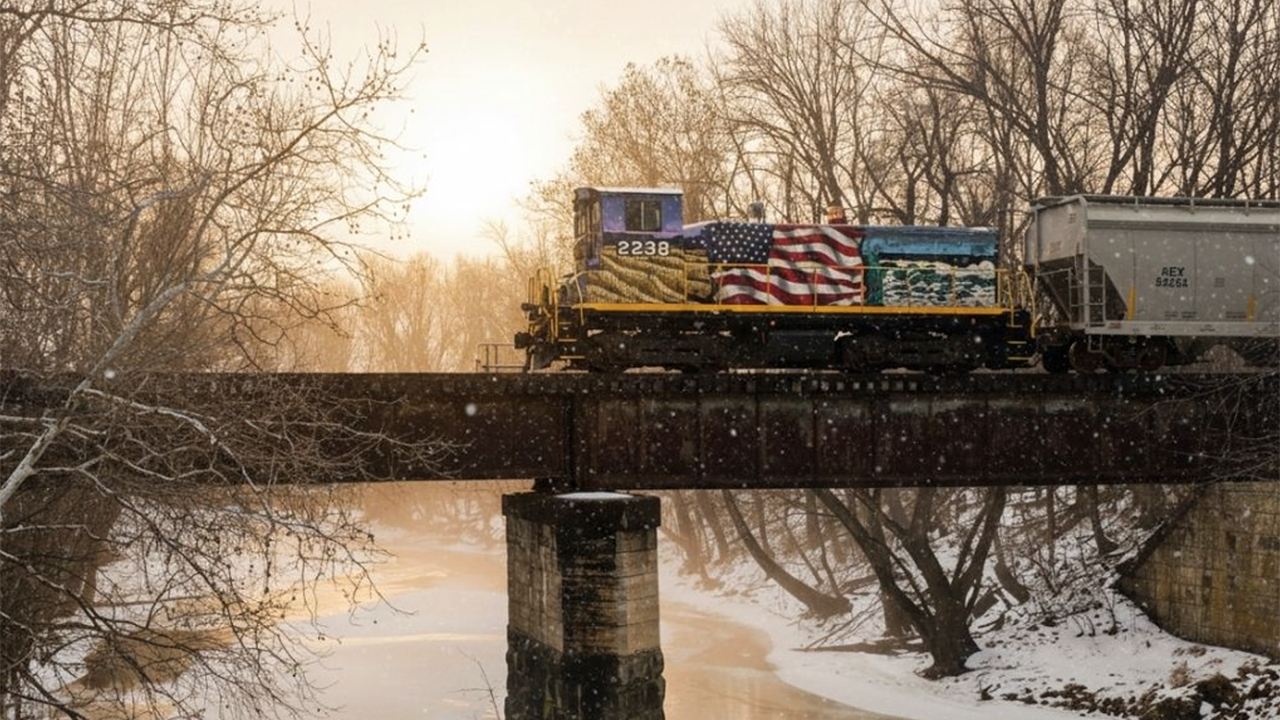 Railway Age’s 2026 Short Line Railroad of the Year is Union County Industrial Railroad. Pictured: Parent company North Shore Railroad Company & Affiliates on Feb. 18 ran its U.S. Semiquincentennial locomotive on UCIR. (Justin Wagner Photograph, Courtesy of UCIR)