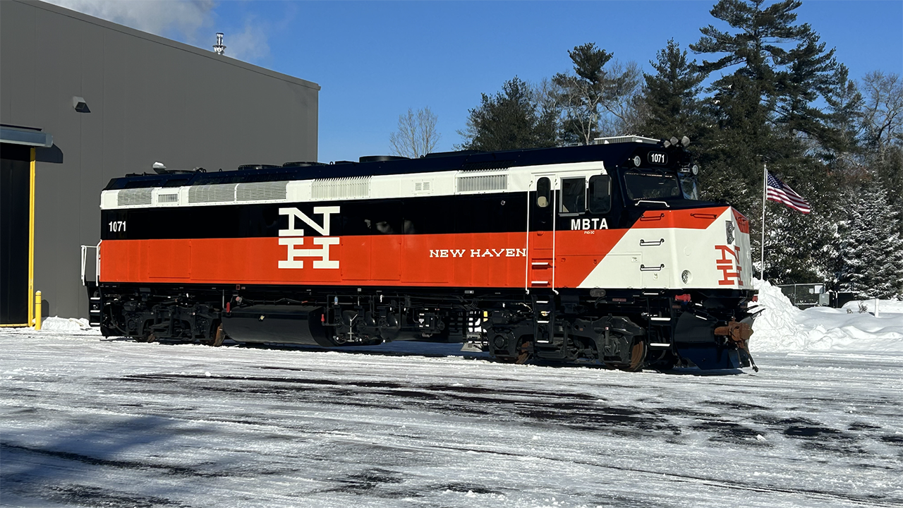 The MBTA recently returned to service a fully overhauled F40 locomotive, featuring the orange, white, and black paint scheme of the New York, New Haven & Hartford Railroad. (Courtesy of MBTA)