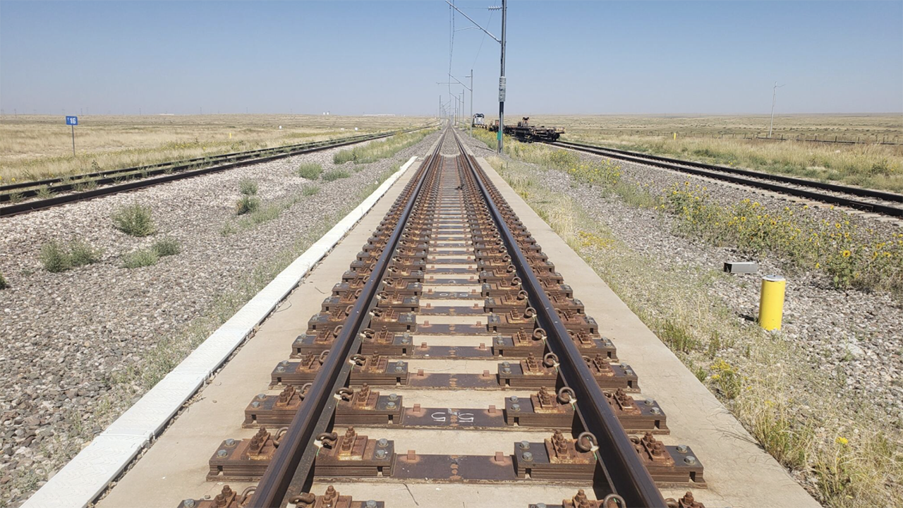 FRA’s Adjustable Test Track, the only track in the U.S. capable of introducing isolated and combination track geometry deviations for vehicle and inspection system testing. (Photograph Courtesy of TTC Operated by ENSCO)