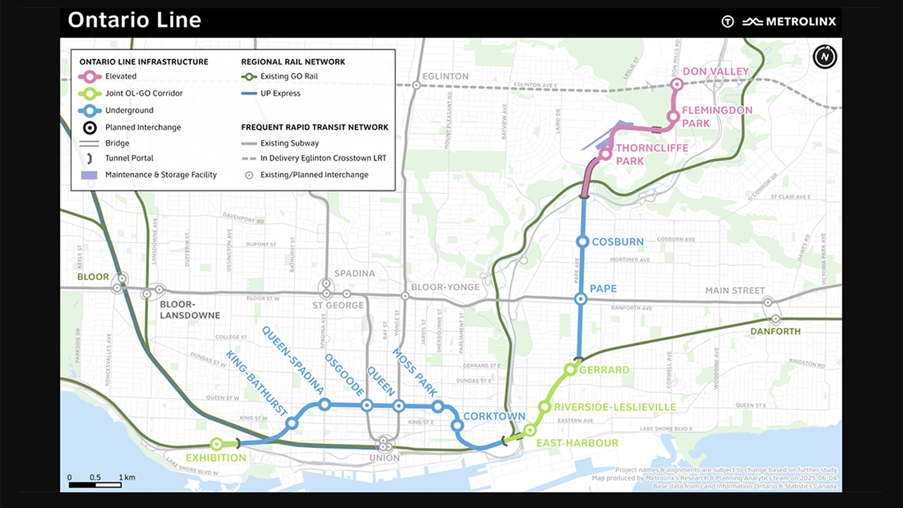 Construction is now under way along the entire Ontario Line in Toronto, which when complete will be a 9.7-mile (15.6-kilometer), 15-station stand-alone subway. (Map Courtesy of Metrolinx)