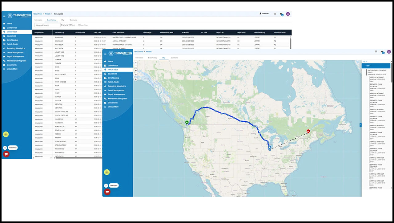 VIN Trace map view and trip event history. (Caption and image courtesy of TransmetriQ)