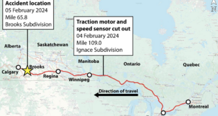 Map of the CPKC train’s route, showing the location where the train stopped on the Ignace Subdivision due to traction motor issues on locomotive KCS 4767 and the location where it derailed on the Brooks Subdivision. (Source: Railway Association of Canada, Canadian Rail Atlas, with TSB annotations, Courtesy of TSB)