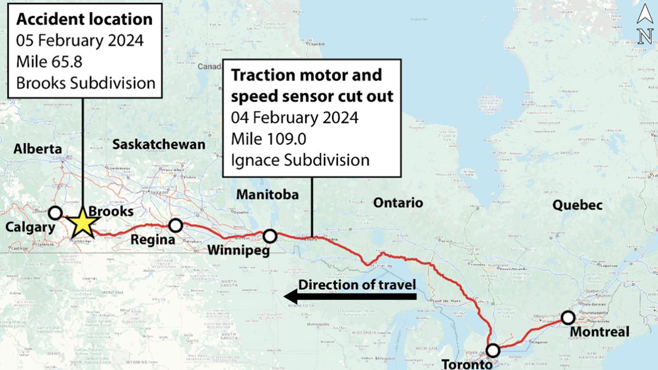 Map of the CPKC train’s route, showing the location where the train stopped on the Ignace Subdivision due to traction motor issues on locomotive KCS 4767 and the location where it derailed on the Brooks Subdivision. (Source: Railway Association of Canada, Canadian Rail Atlas, with TSB annotations, Courtesy of TSB)