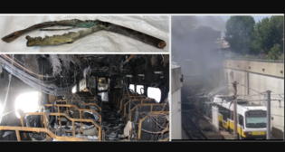 Images, clockwise from upper left: Damaged third-rail feeder cable from a PATH track in Jersey City, New Jersey; Dallas Area Rapid Transit Train 81 in contact with a low overhead catenary wire in Dallas, Texas (Source: FOX 4 Dallas-Fort Worth); and internal damage to SEPTA railcar following the Ridley Park, Pennsylvania, fire. (Courtesy of NTSB)