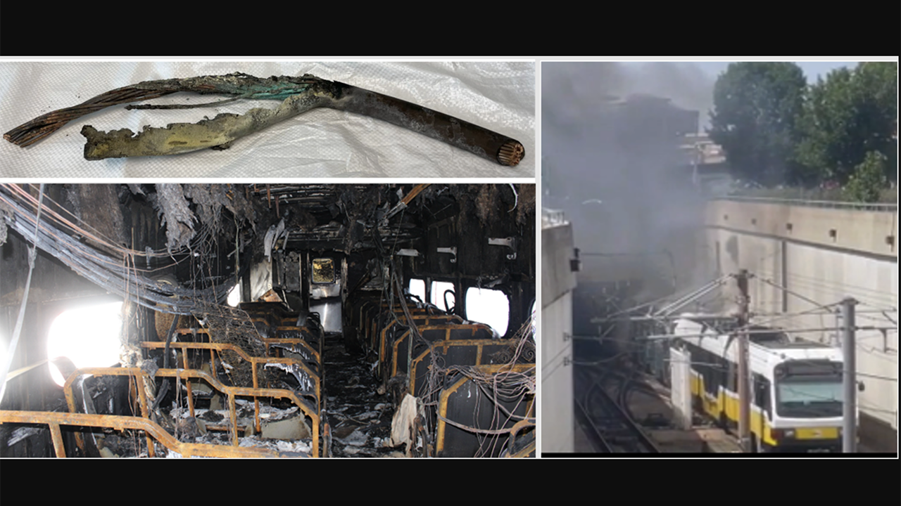 Images, clockwise from upper left: Damaged third-rail feeder cable from a PATH track in Jersey City, New Jersey; Dallas Area Rapid Transit Train 81 in contact with a low overhead catenary wire in Dallas, Texas (Source: FOX 4 Dallas-Fort Worth); and internal damage to SEPTA railcar following the Ridley Park, Pennsylvania, fire. (Courtesy of NTSB)