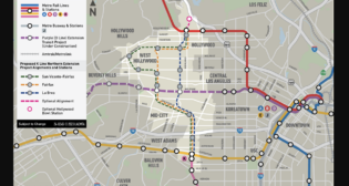The LACMTA Board has selected the San Vicente–Fairfax alignment as the Locally Preferred Alternative for the 10-mile, 10-station K Line Northern Extension project. (Map Courtesy of LACMTA)
