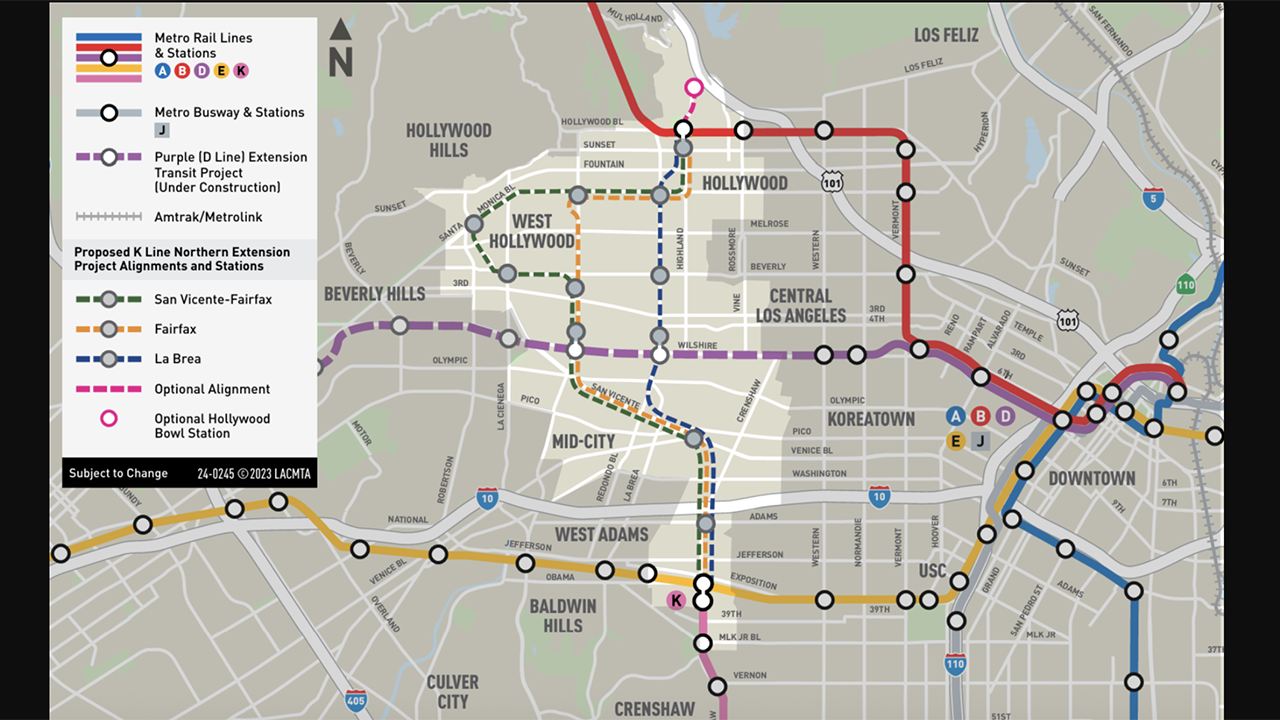 The LACMTA Board has selected the San Vicente–Fairfax alignment as the Locally Preferred Alternative for the 10-mile, 10-station K Line Northern Extension project. (Map Courtesy of LACMTA)